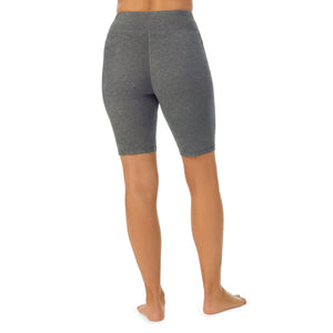 A lady wearing Dark Charcoal Heather cottonwear short.