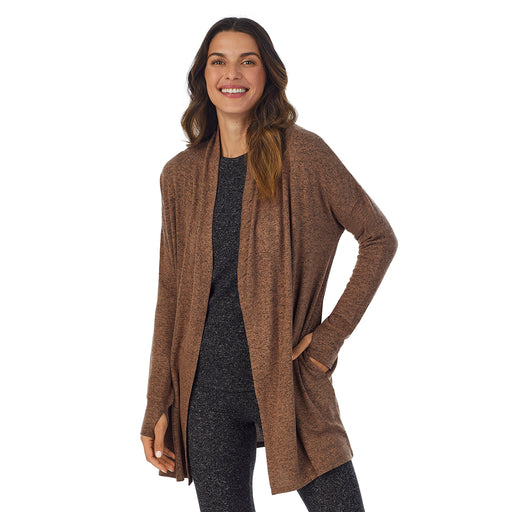 Marled Pecan;Model is wearing size S. She is 5’9”, Bust 34”, Waist 25.5”, Hips 36.5”.@A lady wearing a brown long sleeve wrap.