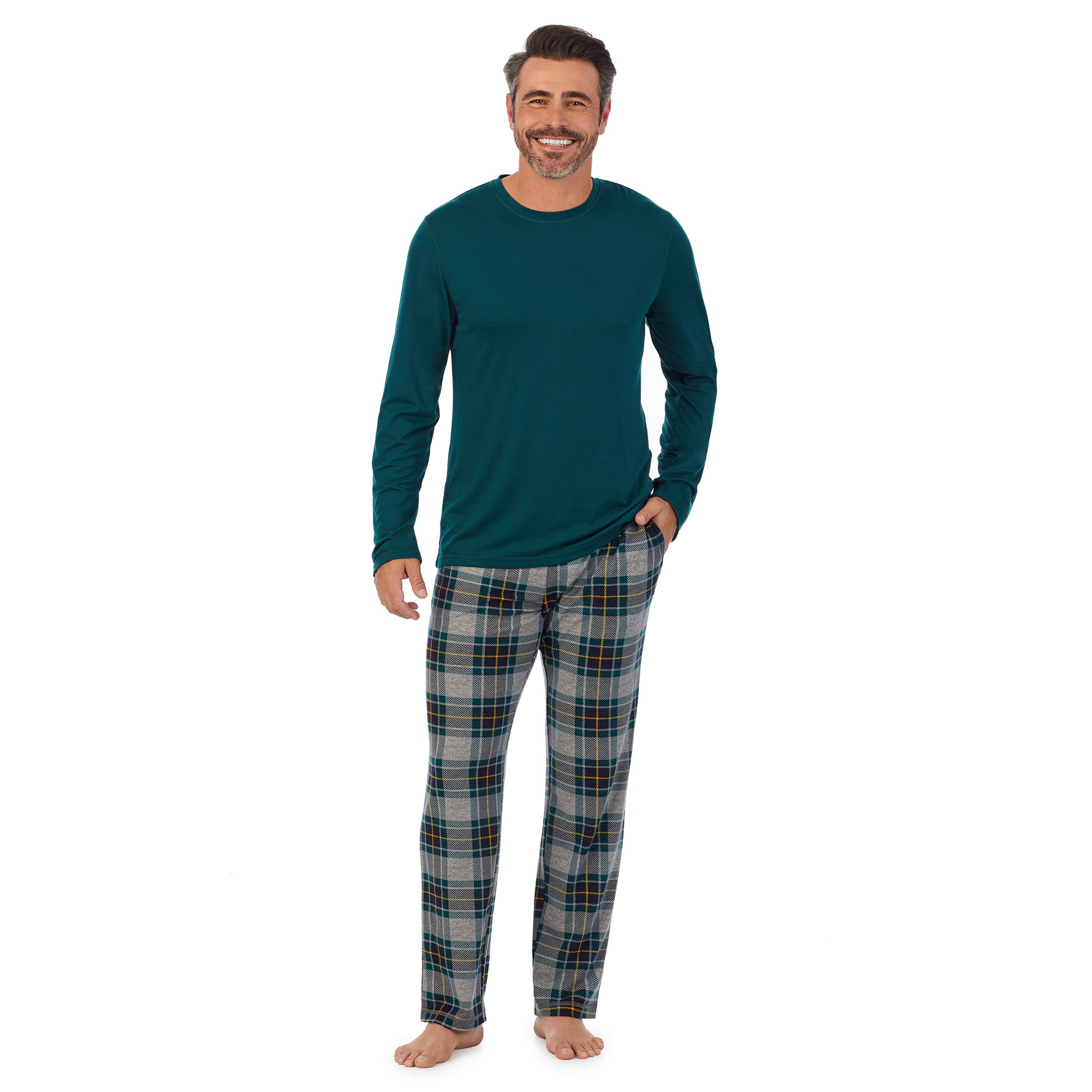 Green Plaid;Model is wearing size M. He is 6'2", Waist 32", Inseam 34".@A man wearing green Mens Classic Long Sleeve Crew and green plaid Pajama Pant 2-pc Set