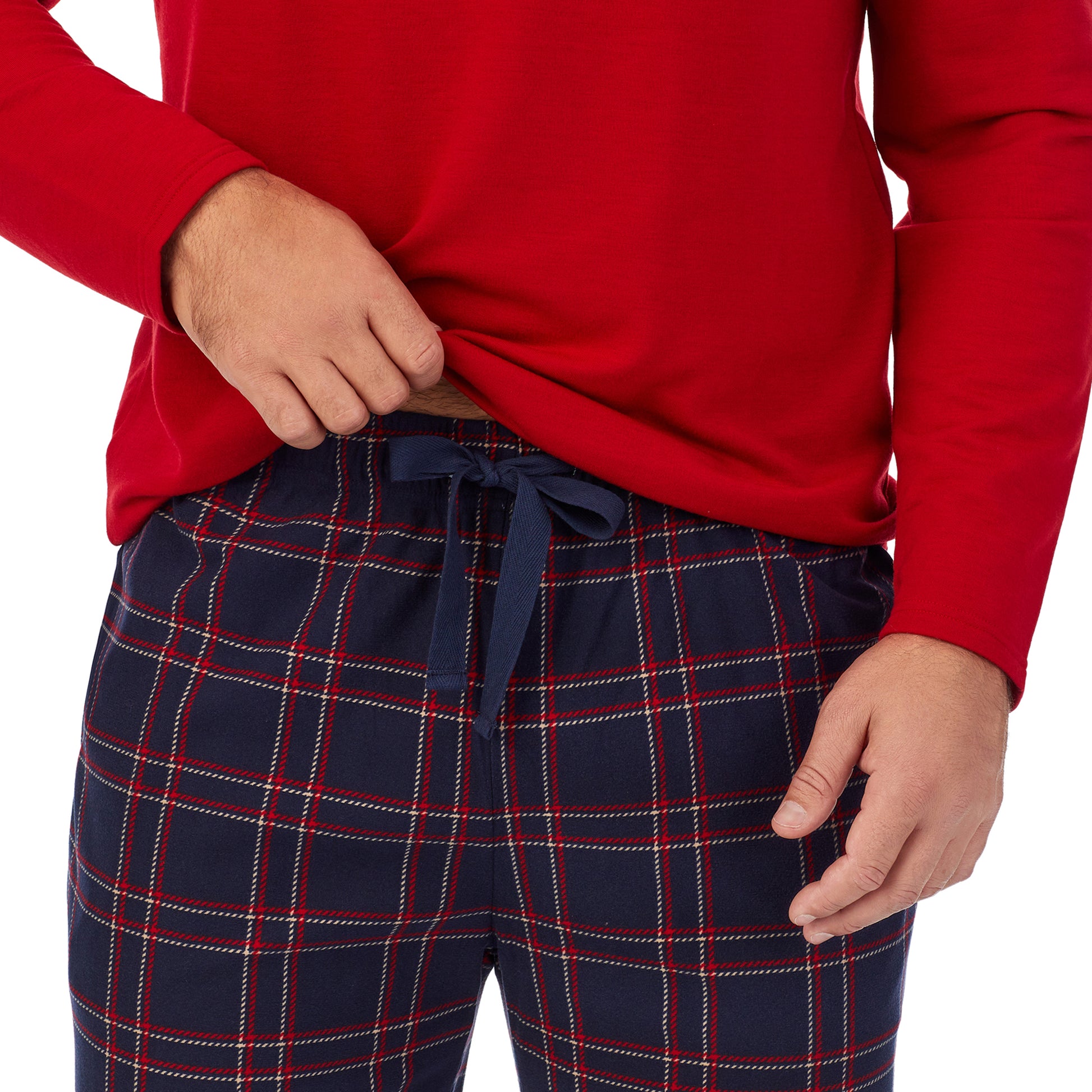 Navy Plaid;Model is wearing size M. He is 6'2", Waist 32", Inseam 34".@A man wearing Red Mens Cozy Lodge Long Sleeve Crew and navy plaid Pajama Pant 2-pc Set 
