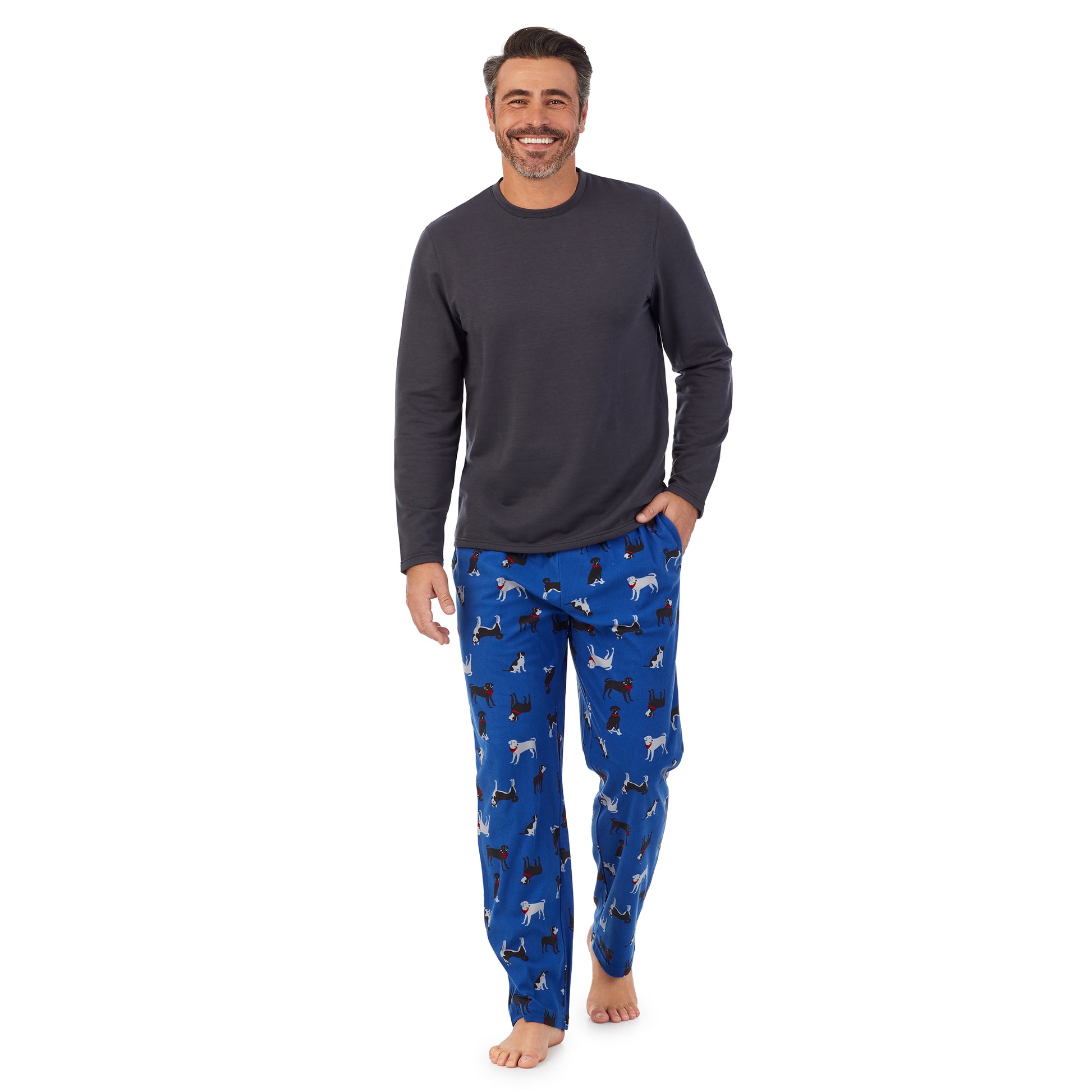 Blue Novelty;Model is wearing size M. He is 6'2", Waist 32", Inseam 34".@A man wearing gray Mens Cozy Lodge Long Sleeve Crew and blue novelty Pajama Pant 2-pc Set