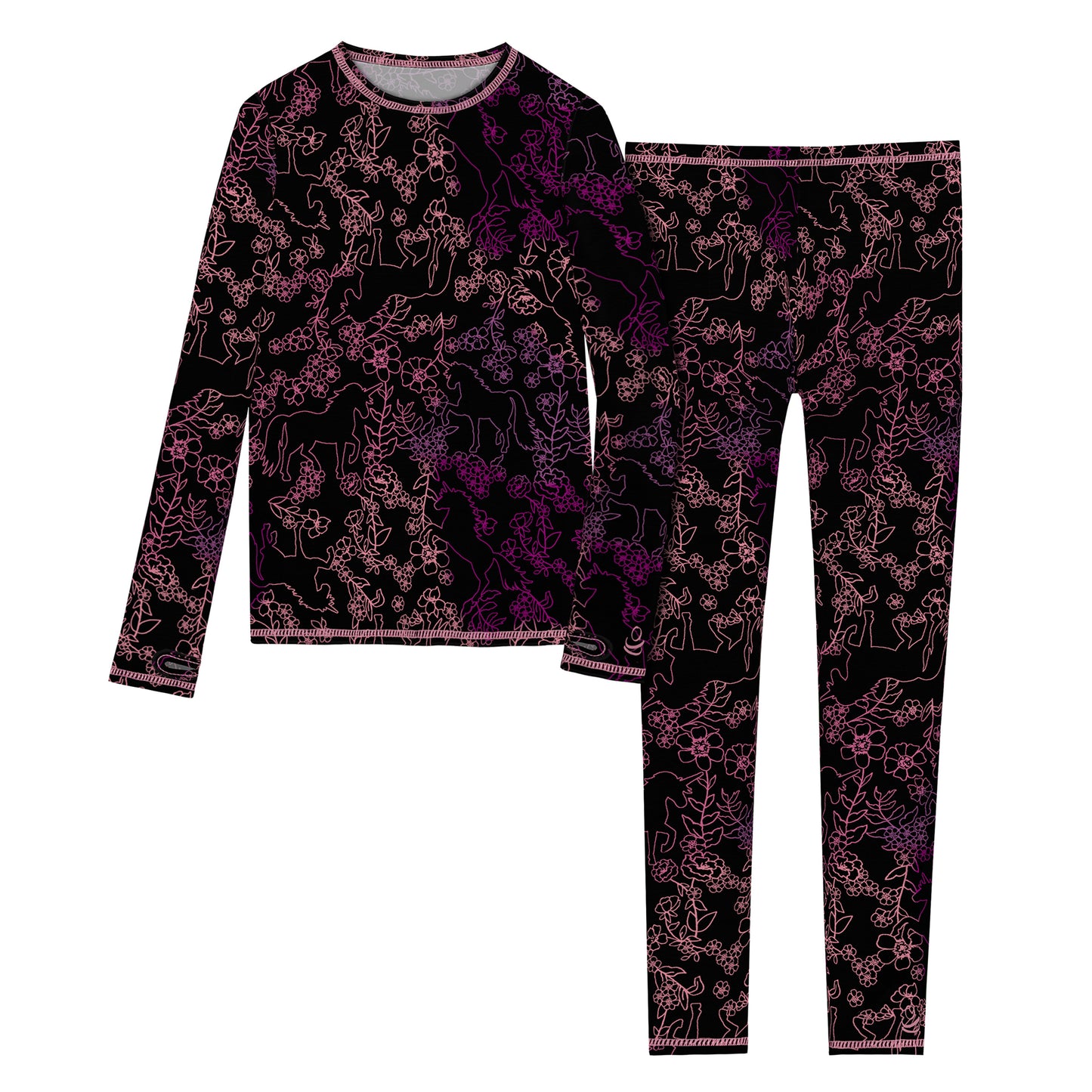 Pink Unicorn Floral;@Girls Comfortech Stretch Poly 2 pc. Long Sleeve Crew & Pant Set