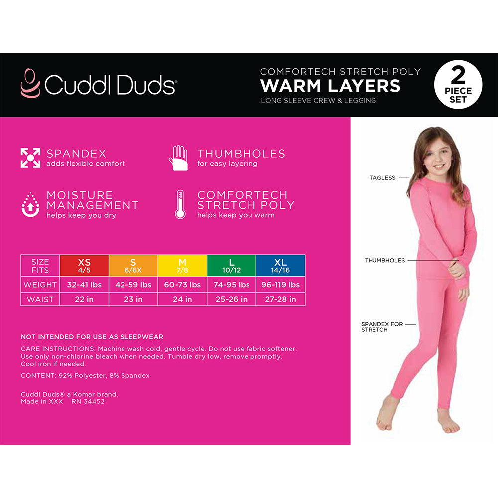 Girls Comfortech Stretch Poly 2 pc. Long Sleeve Crew & Pant Set !92% Polyester, 8% Spandex!