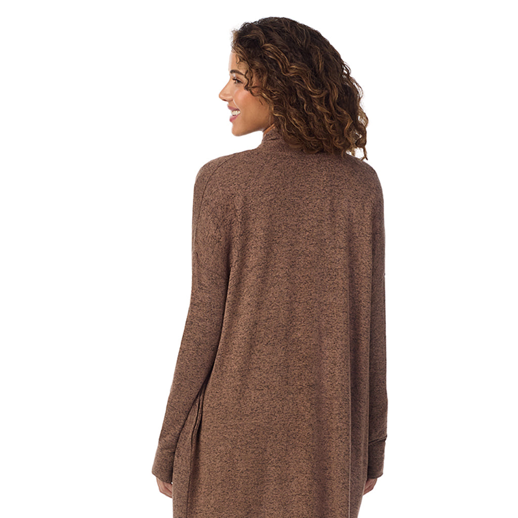 Marled Pecan; Model is wearing size S. She is 5’9”, Bust 34”, Waist 23”, Hips 35”@ A lady is wearing Marled Pcan Soft Knit Wrap