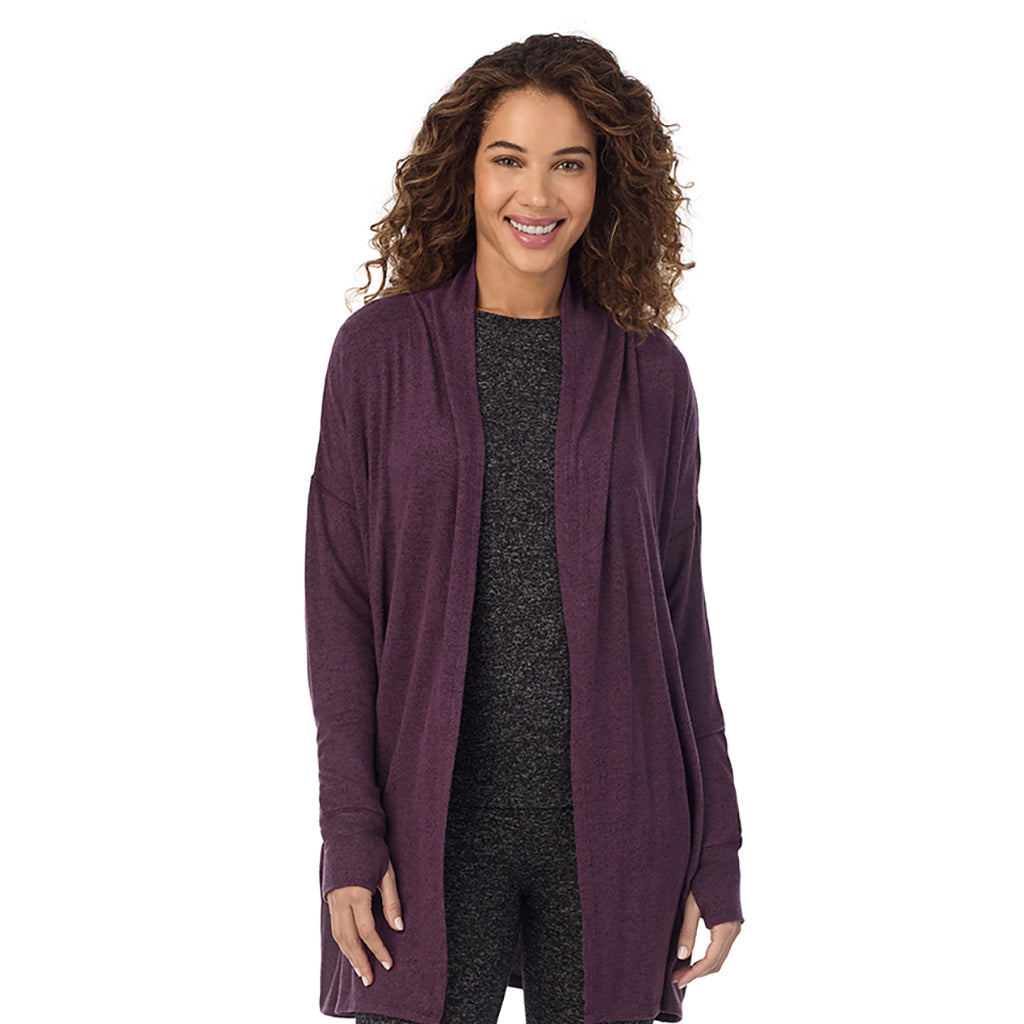  A Lady is wearing Marled Boysenberry Soft Knit Wrap