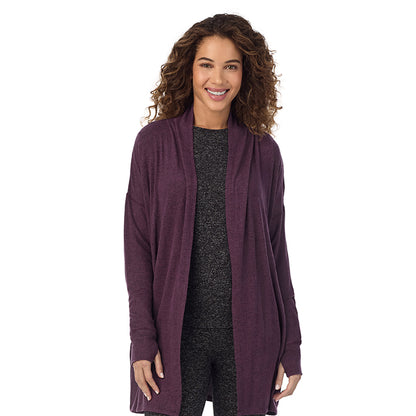 Marled Boysenberry; Model is wearing size S. She is 5’9”, Bust 34”, Waist 23”, Hips 35”@ A Lady is wearing Marled Boysenberry Soft Knit Wrap