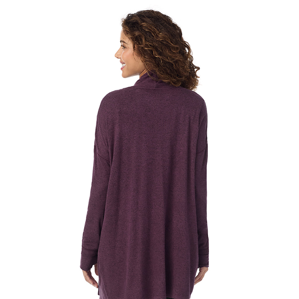  A Lady is wearing Marled Boysenberry Soft Knit Wrap