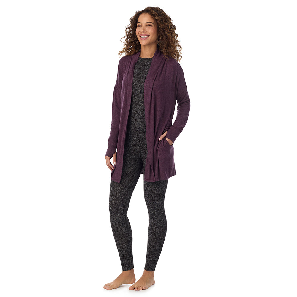 A Lady is wearing Marled Boysenberry Soft Knit Wrap