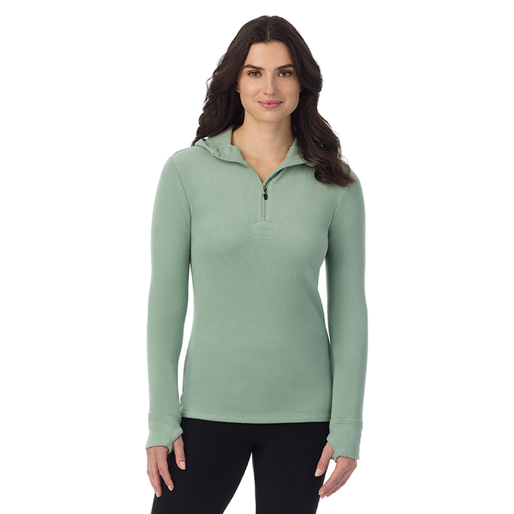 A Lady is wearing Soft Olive Fleecewear With Stretch Long Sleeve Half Zip Hoodie !94% Recycled Polyester, 6% Spandex!
