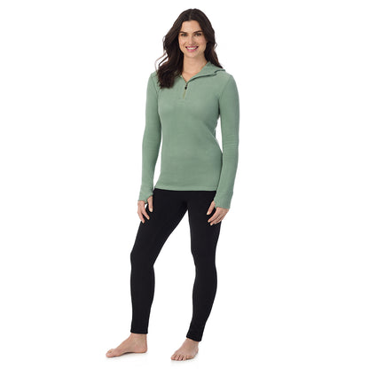 Soft Olive; Model is wearing a size S. She is 5’9”, Bust 34”, Waist 25”, Hips 36”@ A Lady is wearing Soft Olive Fleecewear With Stretch Long Sleeve Half Zip Hoodie !94% Recycled Polyester, 6% Spandex!