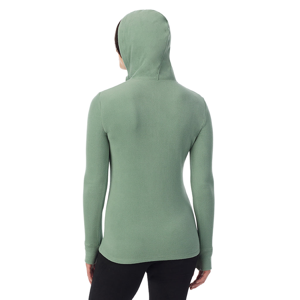 Soft Olive; Model is wearing a size S. She is 5’9”, Bust 34”, Waist 25”, Hips 36”@ A Lady is wearing Soft Olive Fleecewear With Stretch Long Sleeve Half Zip Hoodie !94% Recycled Polyester, 6% Spandex!