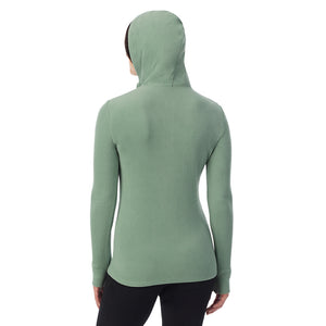  A Lady is wearing Soft Olive Fleecewear With Stretch Long Sleeve Half Zip Hoodie !94% Recycled Polyester, 6% Spandex!