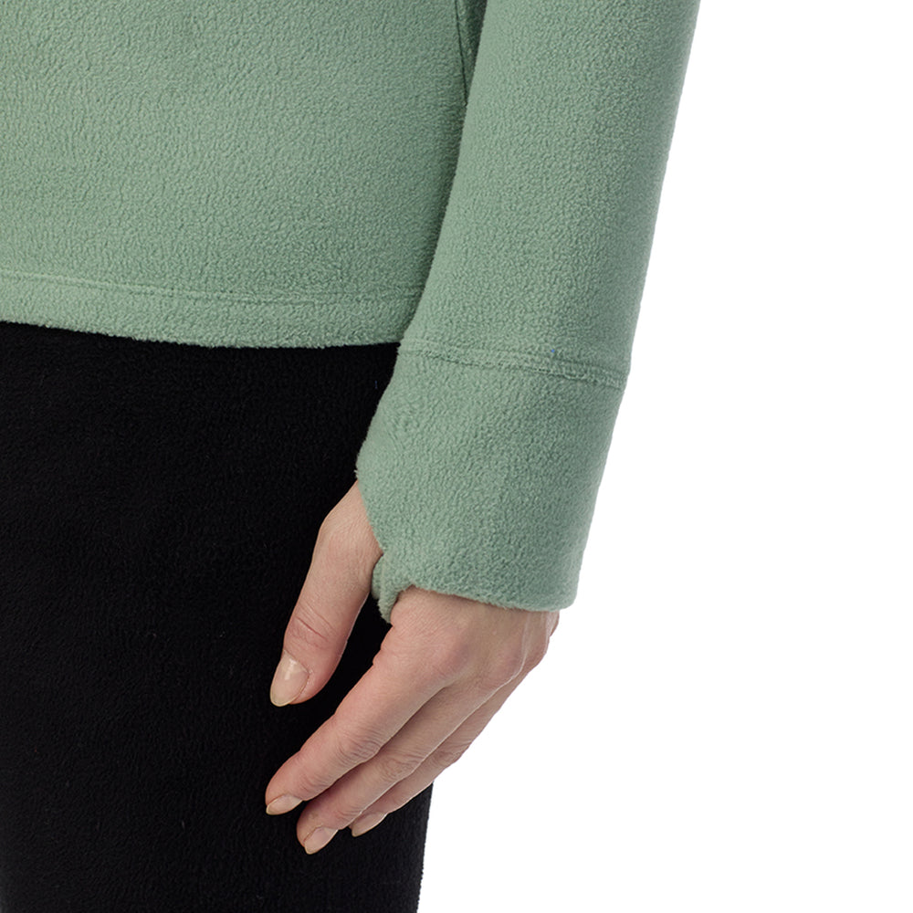 A Lady is wearing Soft Olive Fleecewear With Stretch Long Sleeve Half Zip Hoodie !94% Recycled Polyester, 6% Spandex!
