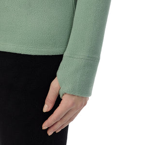  A Lady is wearing Soft Olive Fleecewear With Stretch Long Sleeve Half Zip Hoodie !94% Recycled Polyester, 6% Spandex!