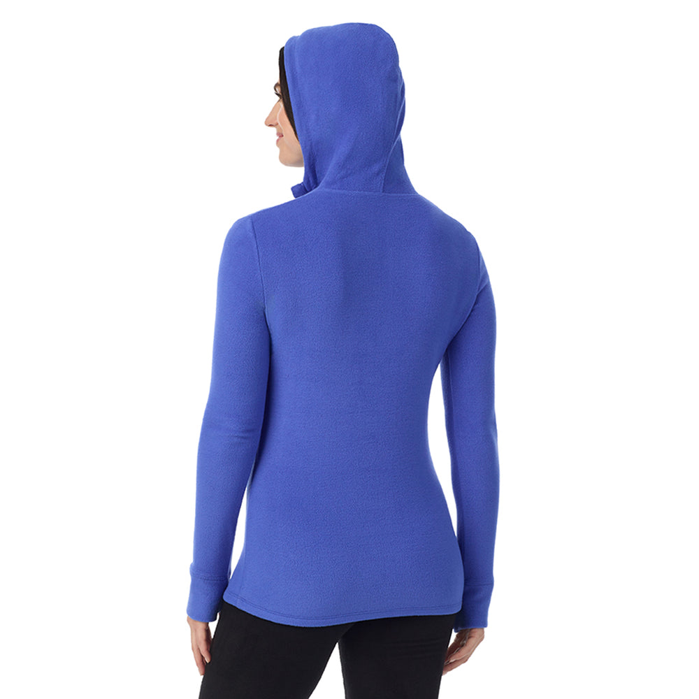 A Lady is wearing Dazzling Blue Fleecewear With Stretch Long Sleeve Half Zip Hoodie !94% Recycled Polyester, 6% Spandex!