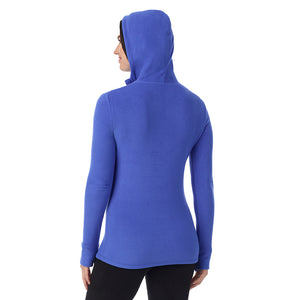  A Lady is wearing Dazzling Blue Fleecewear With Stretch Long Sleeve Half Zip Hoodie !94% Recycled Polyester, 6% Spandex!