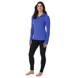  A Lady is wearing Dazzling Blue Fleecewear With Stretch Long Sleeve Half Zip Hoodie !94% Recycled Polyester, 6% Spandex!