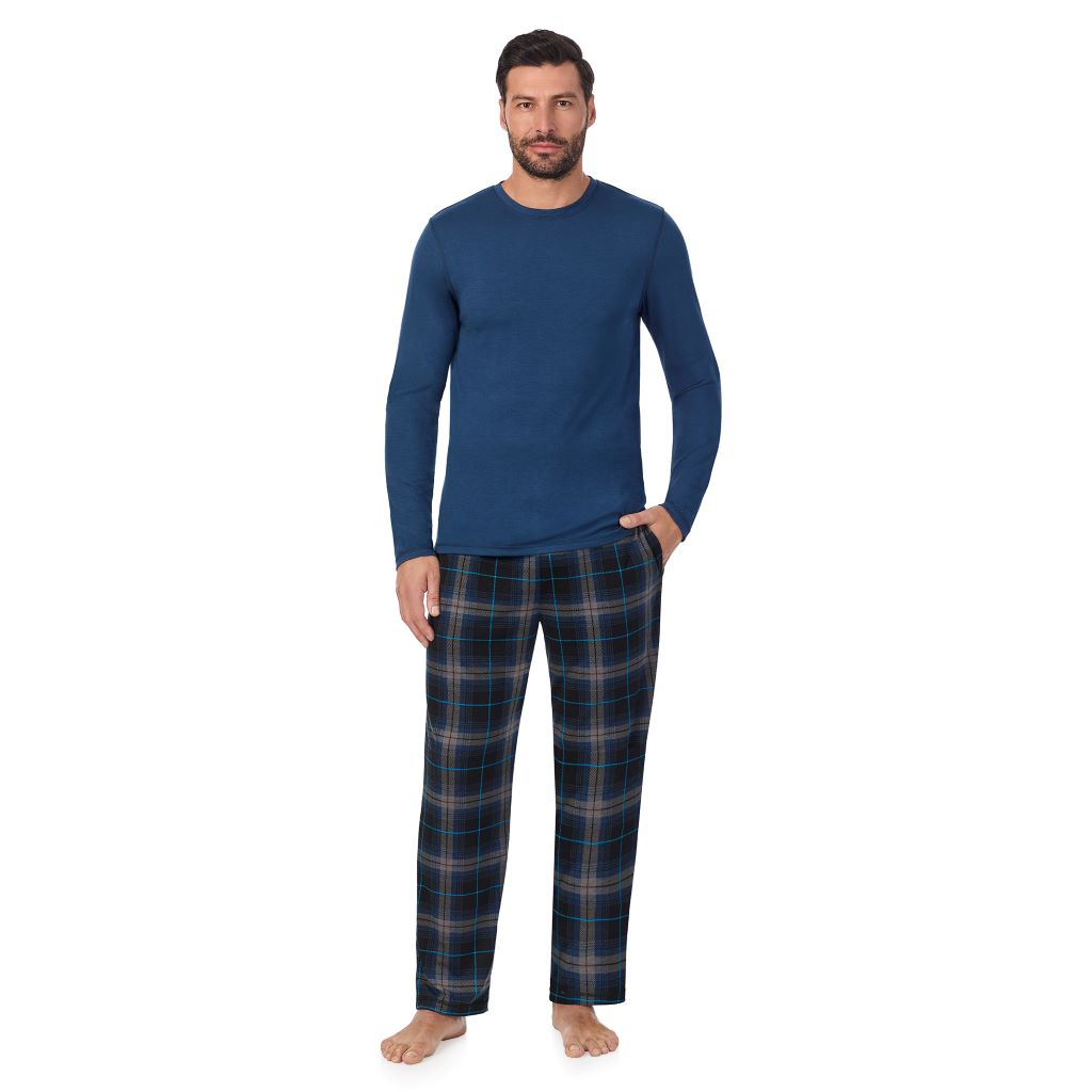 Ombre Windowpane; Model is wearing a size M. He is 6’2”, Waist is 32”, Inseam 34” @A Man is wearing a Ombre Windowpane Mens Classic Long Sleeve Crew and Pajama Pant 2-Pc Set