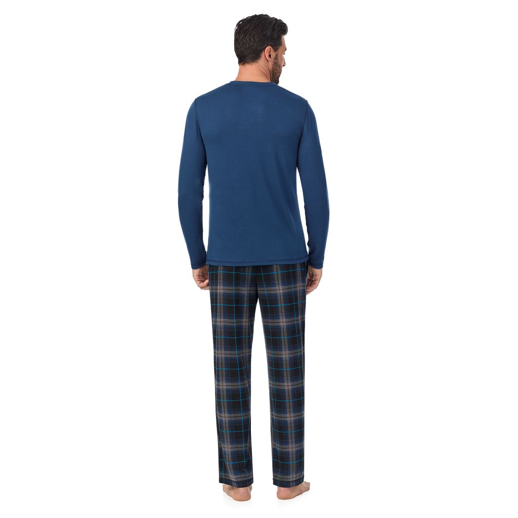 Ombre Windowpane; Model is wearing a size M. He is 6’2”, Waist is 32”, Inseam 34” @A Man is wearing a Ombre Windowpane Mens Classic Long Sleeve Crew and Pajama Pant 2-Pc Set