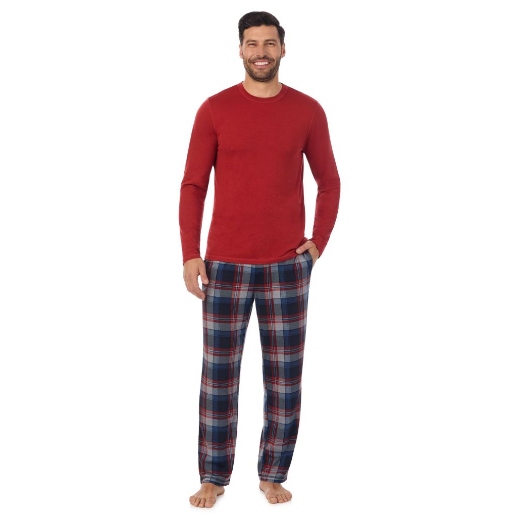 Denim Plaid; Model is wearing a size M. He is 6’2”, Waist is 32”, Inseam 34” @A Man is wearing a Denim Plaid Mens Classic Long Sleeve Crew and Pajama Pant 2-Pc Set