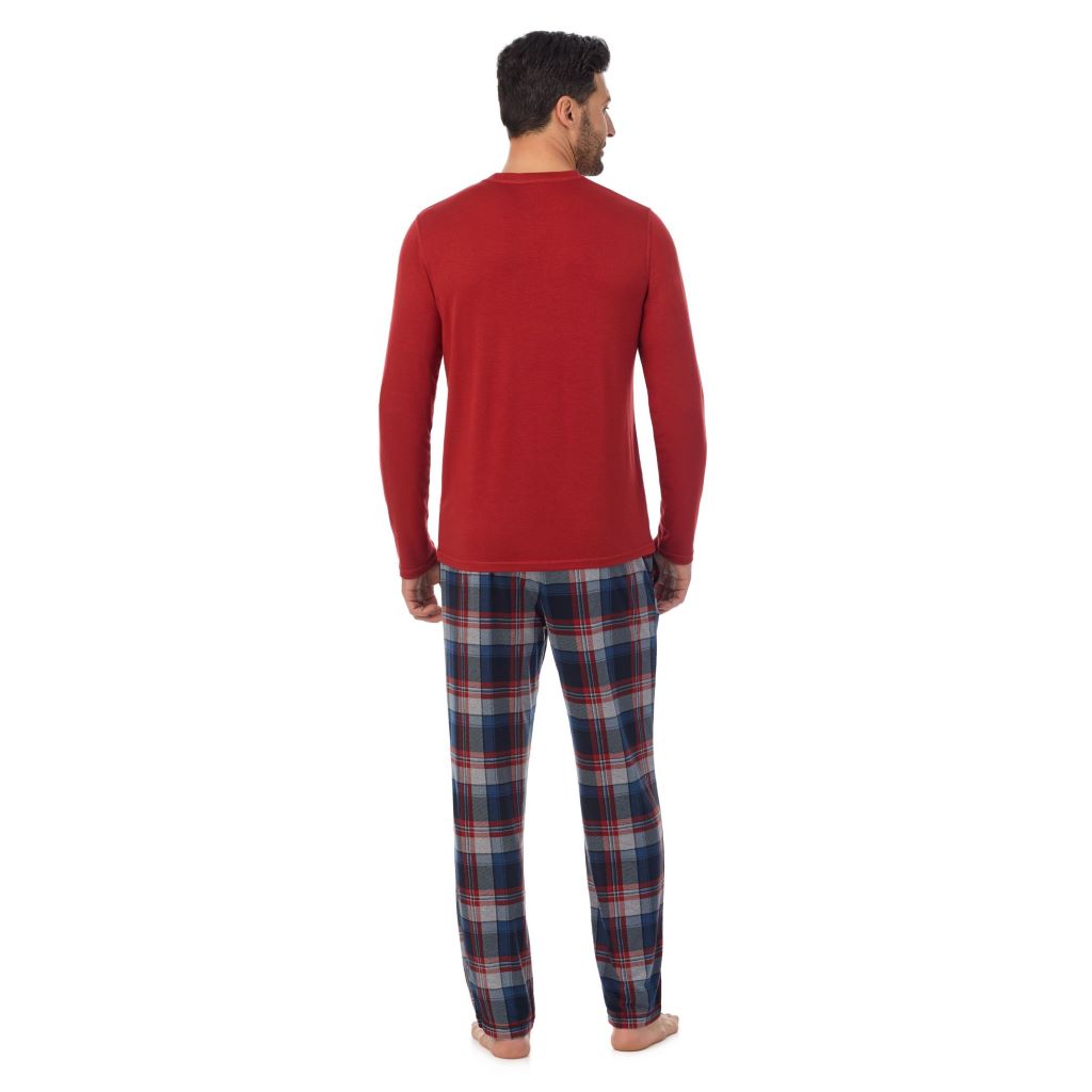 Denim Plaid; Model is wearing a size M. He is 6’2”, Waist is 32”, Inseam 34” @A Man is wearing a Denim Plaid Mens Classic Long Sleeve Crew and Pajama Pant 2-Pc Set