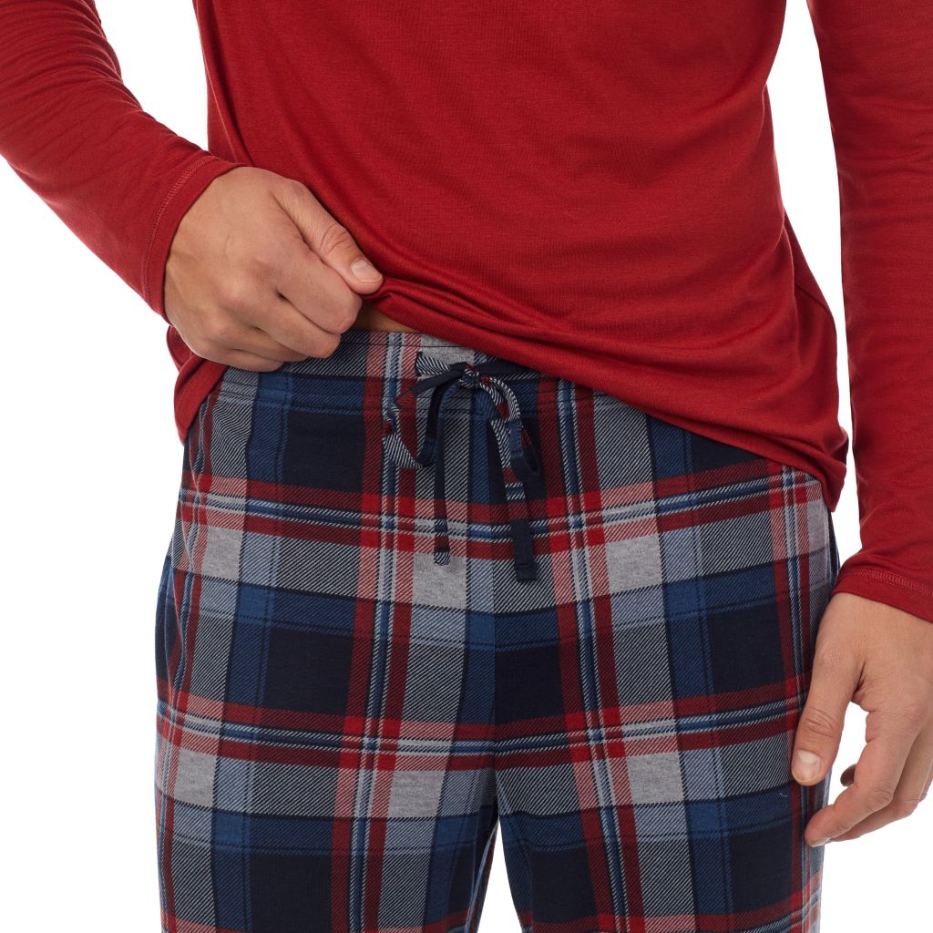 Denim Plaid; Model is wearing a size M. He is 6’2”, Waist is 32”, Inseam 34” @A Man is wearing a Denim Plaid Mens Classic Long Sleeve Crew and Pajama Pant 2-Pc Set