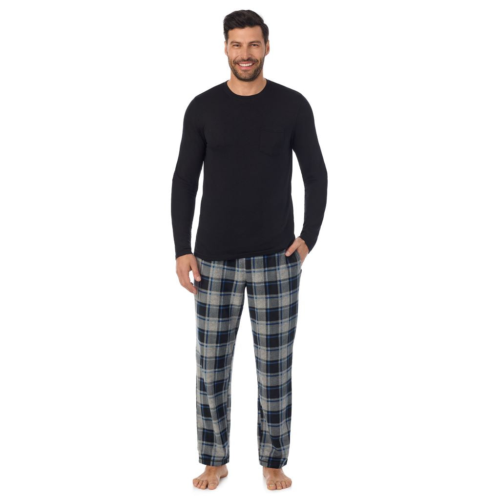 Grey Plaid; Model is wearing a size M. He is 6’2”, Waist is 32”, Inseam 34” @A Man is wearing Grey Plaid Mens Cabin Fleece Long Sleeve Crew and Pajama Pant 2-Pc Set