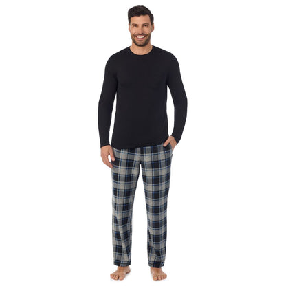 A Man is wearing Grey Plaid Mens Cabin Fleece Long Sleeve Crew and Pajama Pant 2-Pc Set