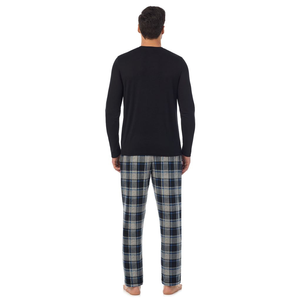 Grey Plaid; Model is wearing a size M. He is 6’2”, Waist is 32”, Inseam 34” @A Man is wearing Grey Plaid Mens Cabin Fleece Long Sleeve Crew and Pajama Pant 2-Pc Set