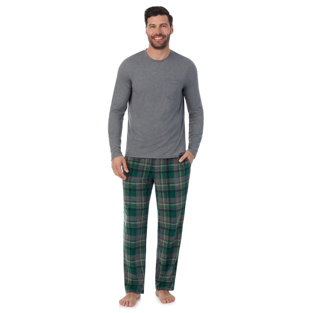 A Man is wearing Green Tartan Mens Cabin Fleece Long Sleeve Crew and Pajama Pant 2-Pc Set