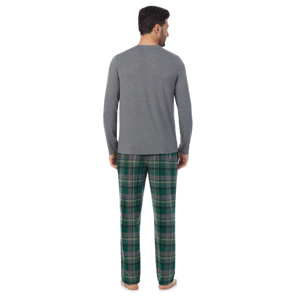 A Man is wearing Green Tartan Mens Cabin Fleece Long Sleeve Crew and Pajama Pant 2-Pc Set