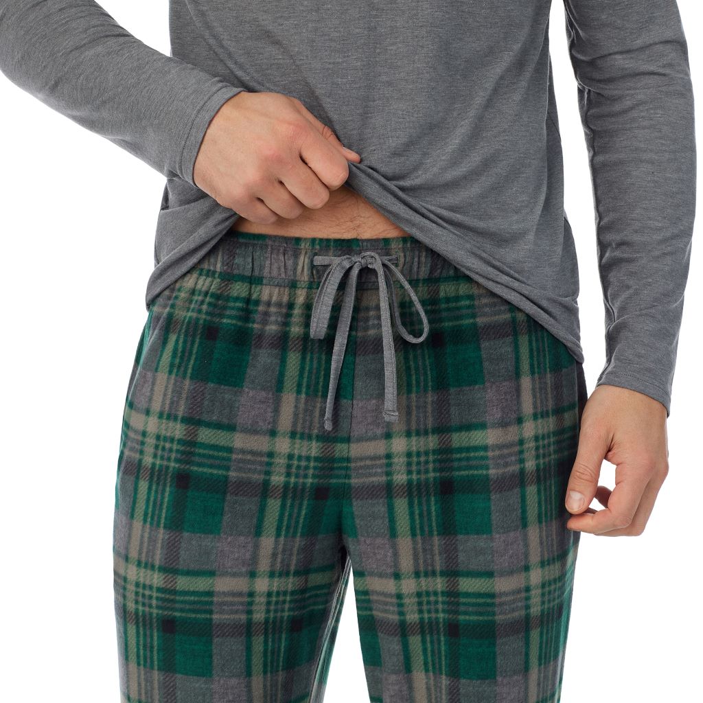 Green Tartan; Model is wearing a size M. He is 6’2”, Waist is 32”, Inseam 34” @A Man is wearing Green Tartan Mens Cabin Fleece Long Sleeve Crew and Pajama Pant 2-Pc Set