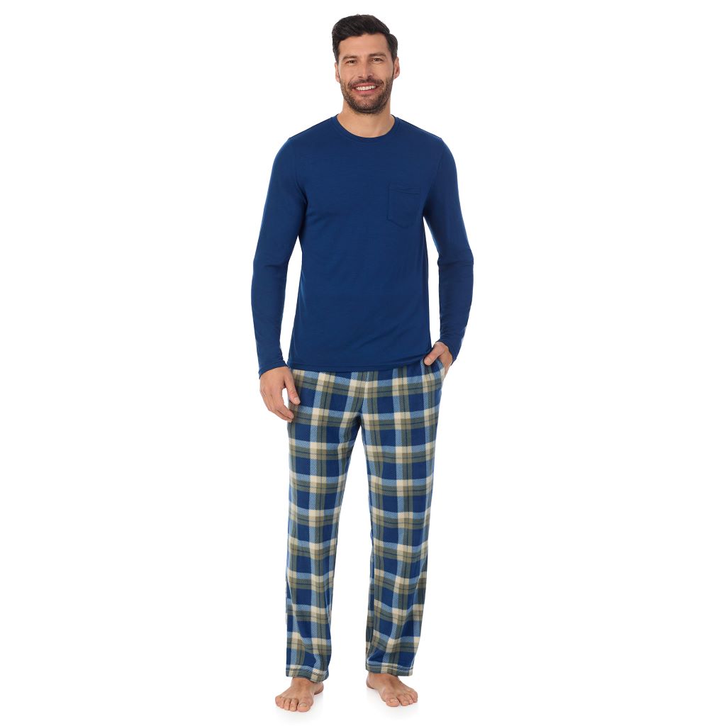 Blue Plaid; Model is wearing a size M. He is 6’2”, Waist is 32”, Inseam 34” @A Man is wearing Blue Plaid Mens Cabin Fleece Long Sleeve Crew and Pajama Pant 2-Pc Set