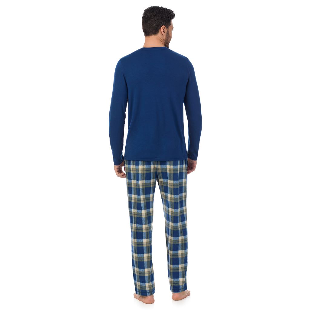 A Man is wearing Blue Plaid Mens Cabin Fleece Long Sleeve Crew and Pajama Pant 2-Pc Set