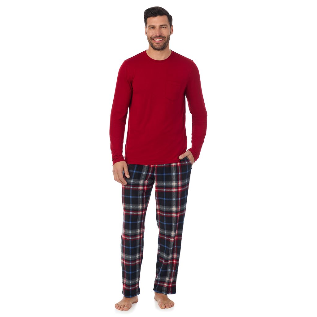 A Man is wearing Black Multi Plaid Mens Cabin Fleece Long Sleeve Crew and Pajama Pant 2-Pc Set