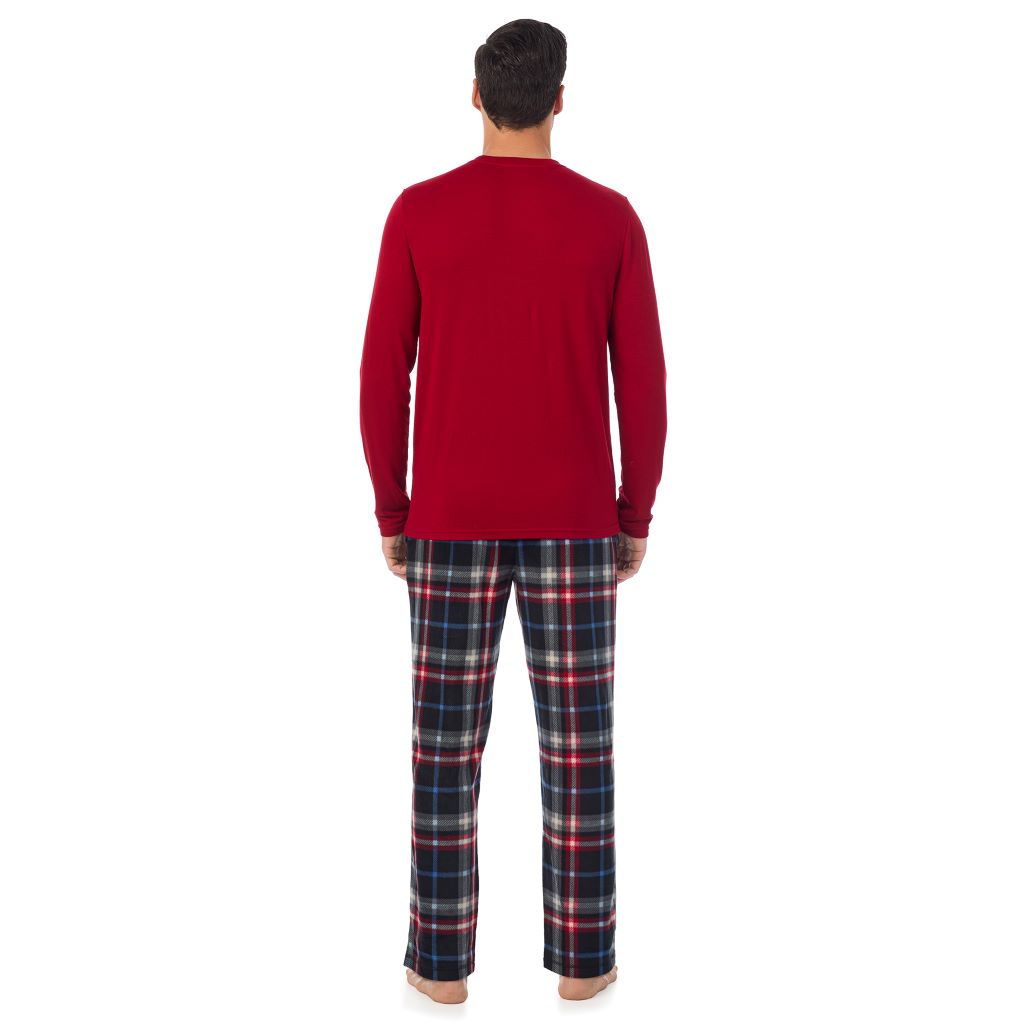 A Man is wearing Black Multi Plaid Mens Cabin Fleece Long Sleeve Crew and Pajama Pant 2-Pc Set