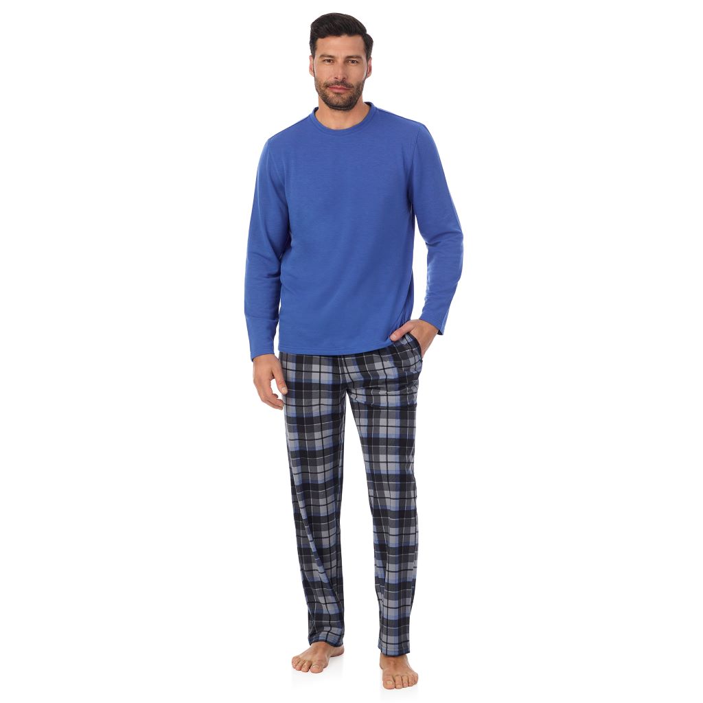 Grey Tartan; Model is wearing a size M. He is 6’2”, Waist is 32”, Inseam 34”@ A Man is wearing Grey Tartan Mens Cozy Lodge Long Sleeve Crew and Pajama Pant 2-Pc Set