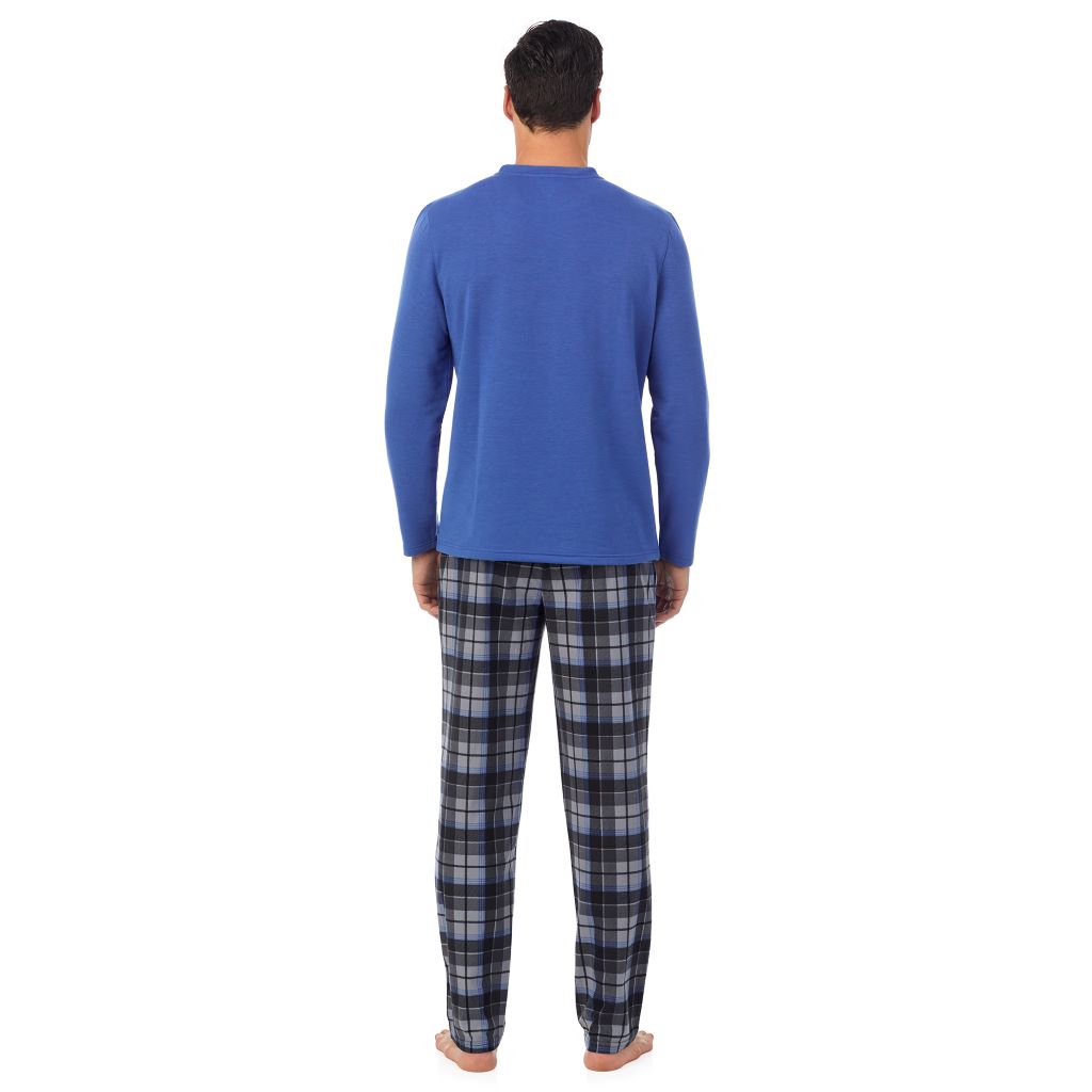 Grey Tartan; Model is wearing a size M. He is 6’2”, Waist is 32”, Inseam 34”@ A Man is wearing Grey Tartan Mens Cozy Lodge Long Sleeve Crew and Pajama Pant 2-Pc Set