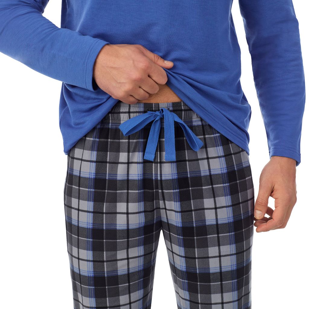  A Man is wearing Grey Tartan Mens Cozy Lodge Long Sleeve Crew and Pajama Pant 2-Pc Set