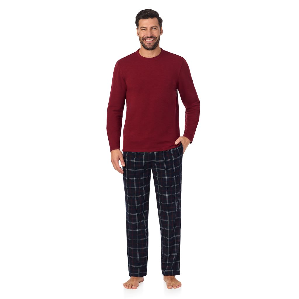  A Man is wearing Navy Windowpane Mens Cozy Lodge Long Sleeve Crew and Pajama Pant 2-Pc Set