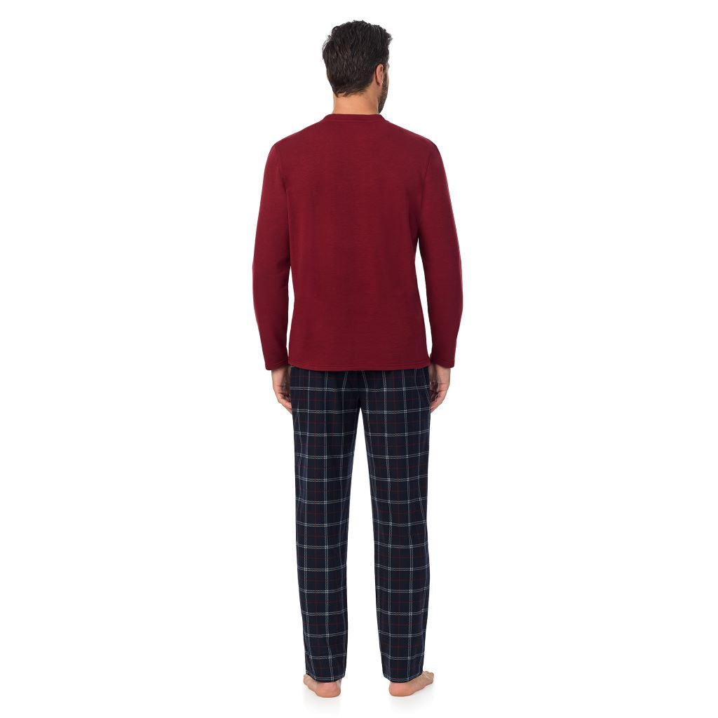  A Man is wearing Navy Windowpane Mens Cozy Lodge Long Sleeve Crew and Pajama Pant 2-Pc Set