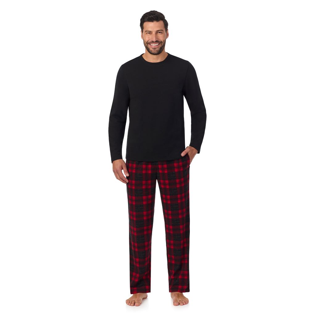 Red Buffalo Check; Model is wearing a size M. He is 6’2”, Waist is 32”, Inseam 34”@ A Man is wearing Red Buffalo Check Mens Cozy Lodge Long Sleeve Crew and Pajama Pant 2-Pc Set