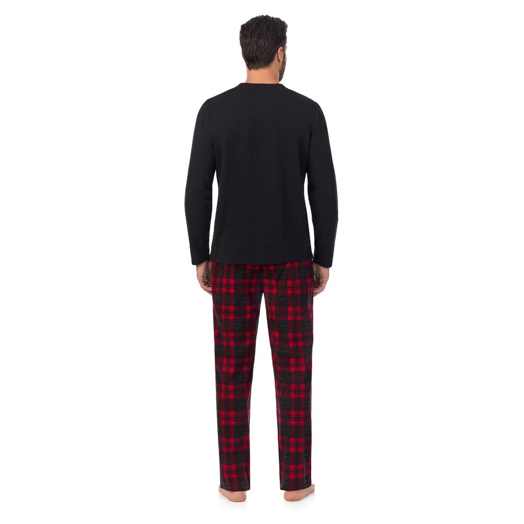 Red Buffalo Check; Model is wearing a size M. He is 6’2”, Waist is 32”, Inseam 34”@ A Man is wearing Red Buffalo Check Mens Cozy Lodge Long Sleeve Crew and Pajama Pant 2-Pc Set