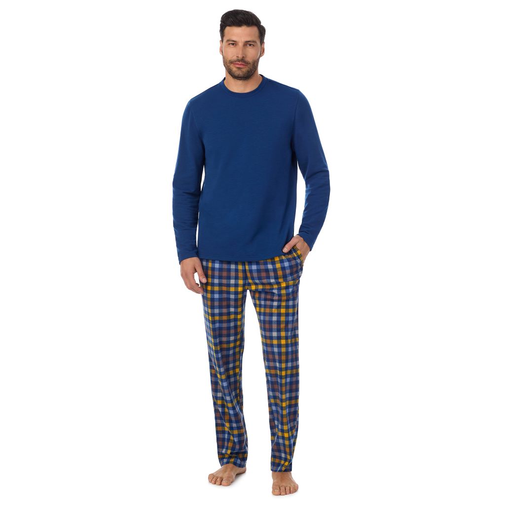 Blue Multi Gingham; Model is wearing a size M. He is 6’2”, Waist is 32”, Inseam 34”@ A Man is wearing Blue Multi Gingham Mens Cozy Lodge Long Sleeve Crew and Pajama Pant 2-Pc Set