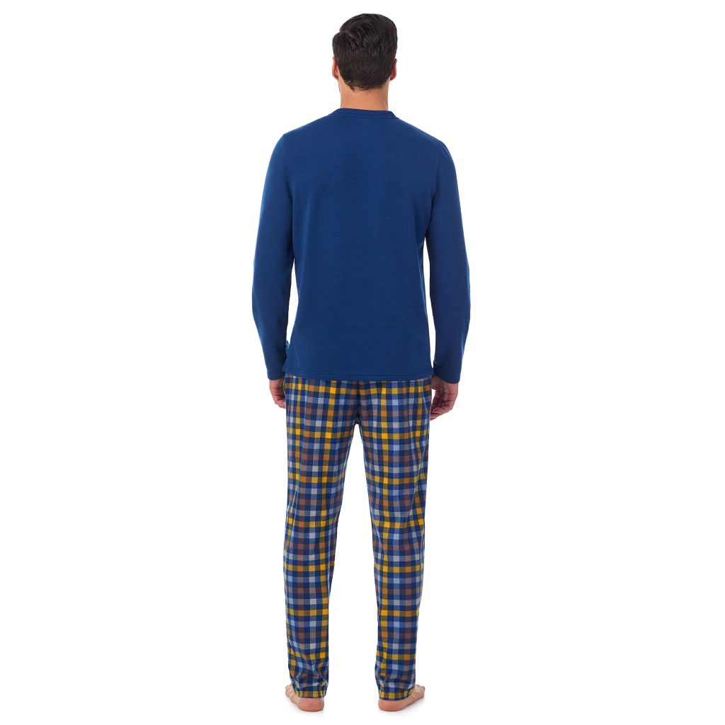  A Man is wearing Blue Multi Gingham Mens Cozy Lodge Long Sleeve Crew and Pajama Pant 2-Pc Set