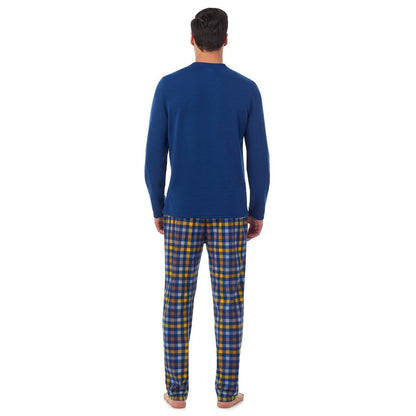 Blue Multi Gingham; Model is wearing a size M. He is 6’2”, Waist is 32”, Inseam 34”@ A Man is wearing Blue Multi Gingham Mens Cozy Lodge Long Sleeve Crew and Pajama Pant 2-Pc Set