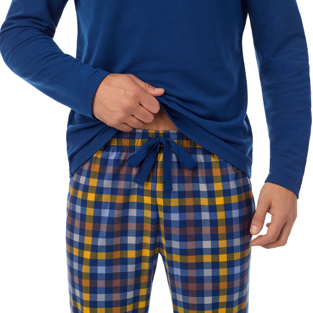 Blue Multi Gingham; Model is wearing a size M. He is 6’2”, Waist is 32”, Inseam 34”@ A Man is wearing Blue Multi Gingham Mens Cozy Lodge Long Sleeve Crew and Pajama Pant 2-Pc Set