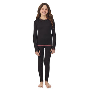 Girls Comfortech black Stretch Poly 2 pc. Long Sleeve Crew & Pant Set !92% Polyester, 8% Spandex!