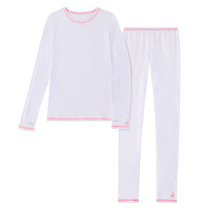 Girls Comfortech white Stretch Poly 2 pc. Long Sleeve Crew & Pant Set !92% Polyester, 8% Spandex!