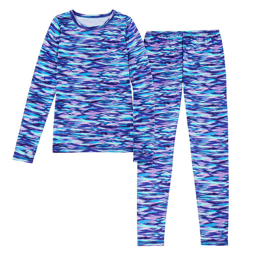 A girl Blue Space Dye Girls Comfortech Stretch Poly 2 pc. Long Sleeve Crew & Pant Set !92% Recycled Polyester, 8% Spandex!
